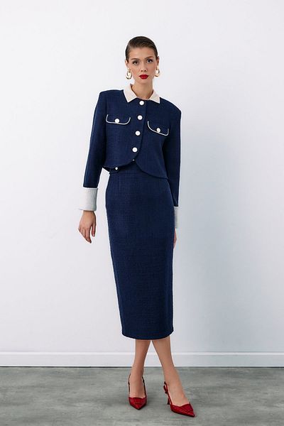 Sateen Tweed Pencil Skirt - Dark Blue, Ornamental Buttoned