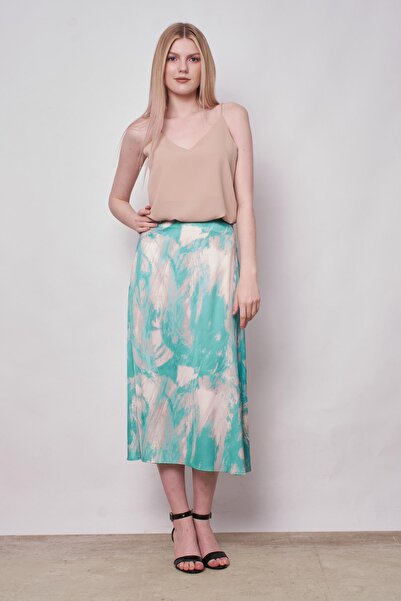 Jument Women's Patterned Lycra-Free Satin Fabric High Waist Long Bell Skirt-Green Pattern