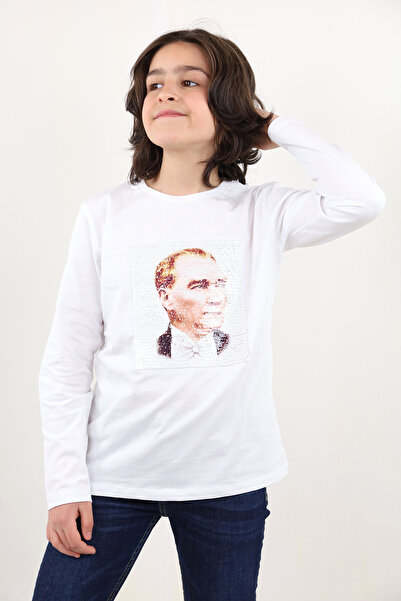 Toontoy Unisex Çocuk Atatürk Bayraklı Çift Taraflı Pullu Tişört