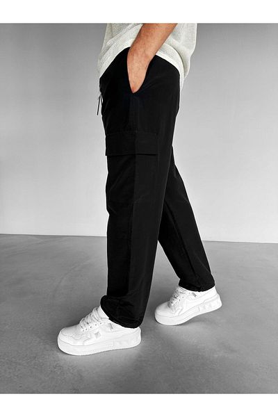 ablukaonline Men's Oversize Parachute Fabric Cargo Pants Black