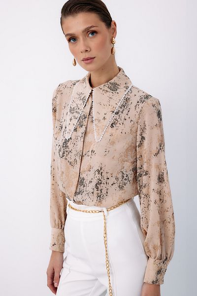 Sateen Wide Pearl Collared Shirt - Beige-Gold