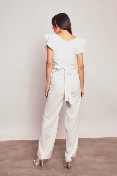 Jument Lycra Thick Crepe Fabric Elegant Office Evening Dress Jumpsuit with Frilled Accessories - Cream