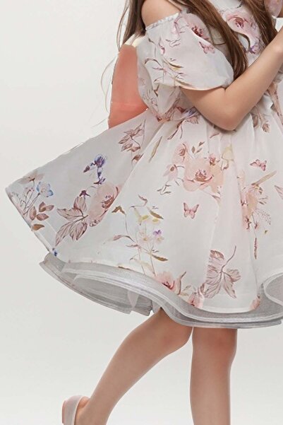 Riccotarz Orange Floral Patterned Girl's Evening Dress with Balloon Sleeves and Fluffy Tulle Boat Neck