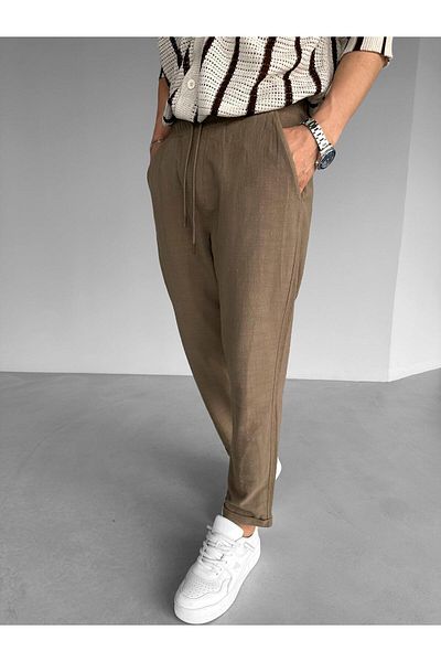 ablukaonline Men's Comfortable Fit Cotton Cool-Keeping Elastic Waist Summer Linen Trousers Brown