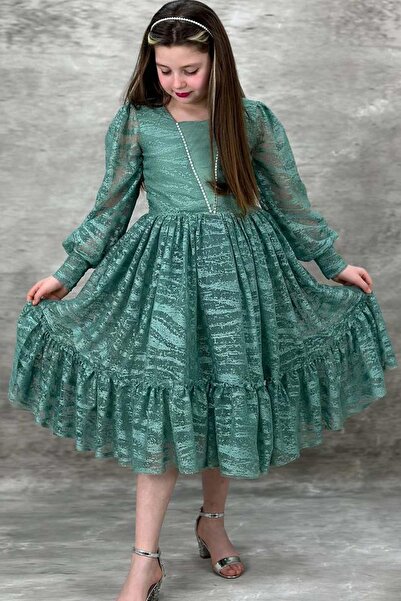 Riccotarz Kız Çocuk Kolları Transparan Yakası İnci Boncuklu Etek Ucu Fırfırlı Yeşil Abiye