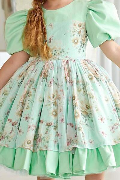 Riccotarz Green Balloon Sleeve Flower Detailed Girl's Evening Dress