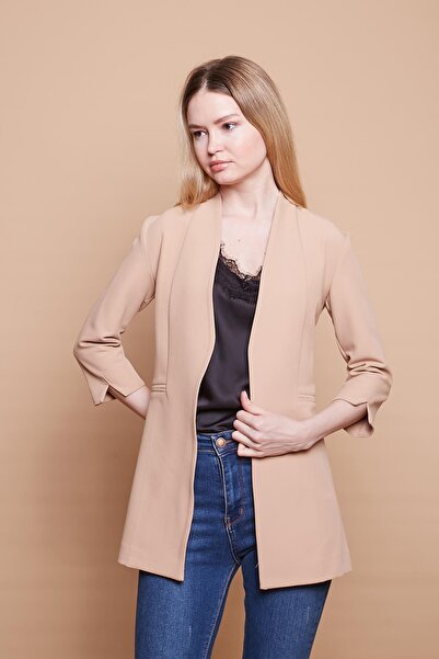 Jument Hakim Yaka Flato Pocketed Sleeve Slit Long Blazer Cotton Stretch Fabric Fabric Jacket -Camel