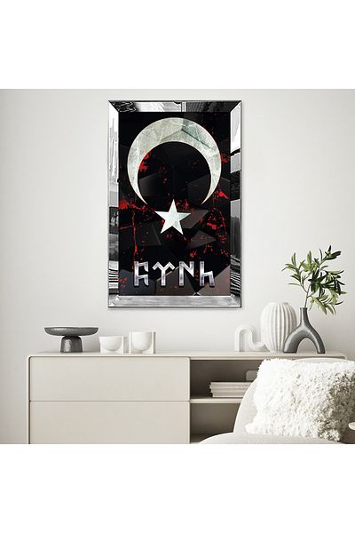Zevahir Mobilya Dekorasyon Masa MDF simpla cu scris turcesc cu cadru din plexiglas cu oglinda argintie si fundal negru