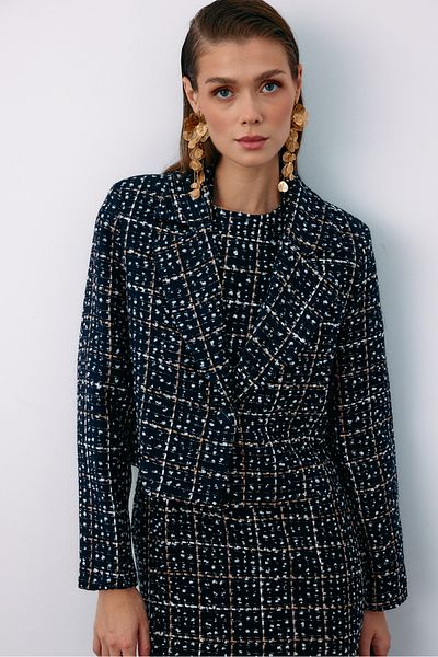 Sateen Buttoned Tweed Short Jacket - Dark Blue