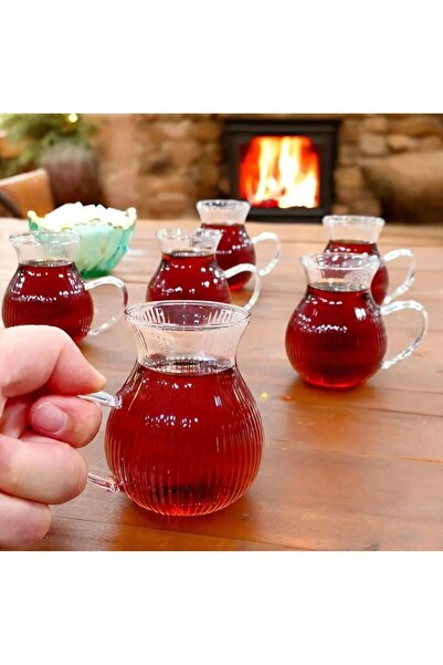 ARVALE 6'lı Çizgili Keyfi Ala Borosilikat Cam Kulplu Çay Bardağı  Ateşe Temas...