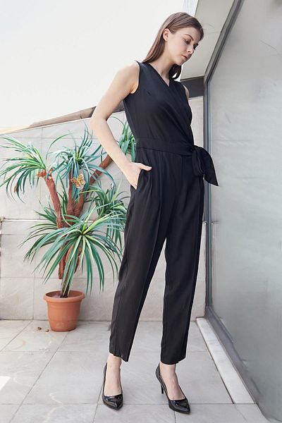 Jument Black Fluent Stylish Jumpsuit - 100% Iyocell, Double Breasted Lace Up, Pocket, Pleated Skinny Leg