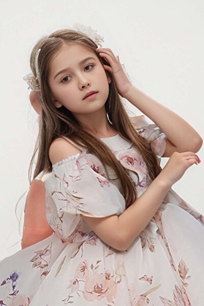 Riccotarz Orange Floral Patterned Girl's Evening Dress with Balloon Sleeves and Fluffy Tulle Boat Neck