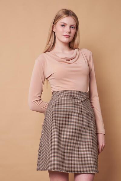 Jument Γυναικεία καρό ψηλόμεση μέχρι το γόνατο Ανοιχτό ύφασμα Lycra Φούστα καμπάνα-Μπεζ καρό