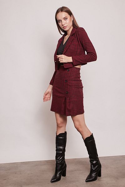 Jument Fusta din lână din țesătură elastică groasă, pliată în față, până la genunchi - carouri burgundy