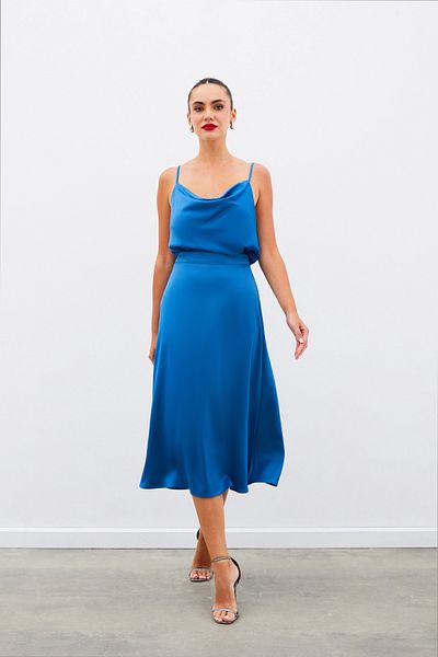 Sateen Midi Length Satin Skirt - Indigo