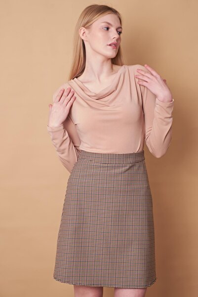 Jument Γυναικεία καρό ψηλόμεση μέχρι το γόνατο Ανοιχτό ύφασμα Lycra Φούστα καμπάνα-Μπεζ καρό