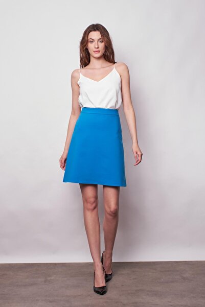 Jument High Waist Light Lycra Fabric Knee Length Bell Skirt-Blue