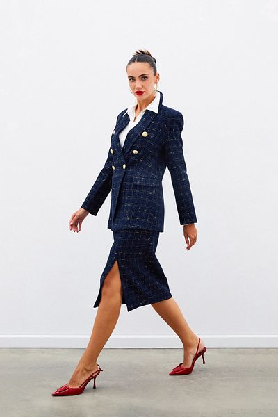 Sateen Silvery Midi Length Tweed Skirt - Navy Blue