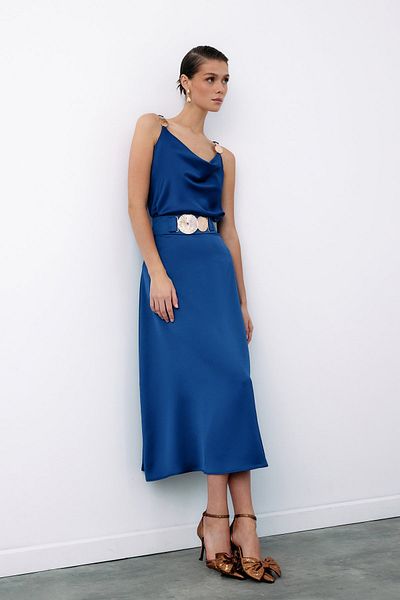 Sateen Flared Skirt with Belt Accessories - Dark Blue