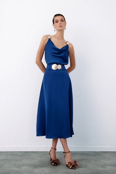 Sateen Flared Skirt with Belt Accessories - Dark Blue