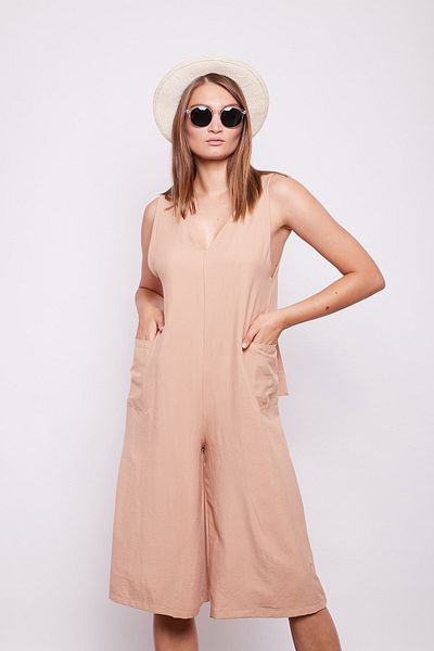Jument Shoulder Lace Pocket Wide Leg Jumpsuit - Light Camel