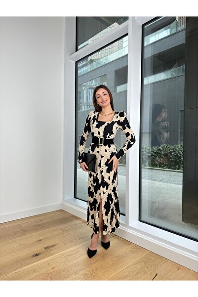 modaçelikler Square Collar Shoulder Padded Waist Belt Looking Women's Patterned Color Dress 24Y138