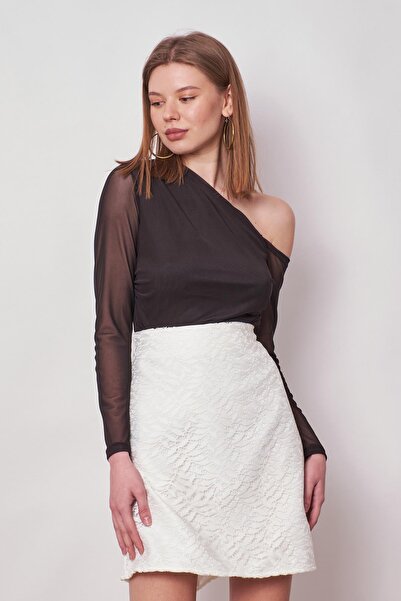 Jument Fustă cu clopoței din țesătură flexibilă ușoară, cu talie înaltă, cu dantelă, pentru femei (lungime: 49 cm + - 2 cm) - crem