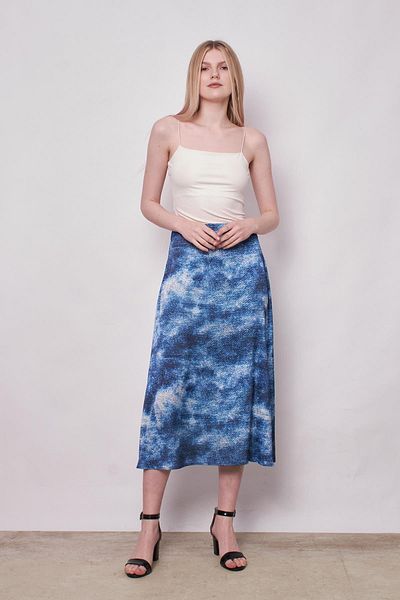 Jument Fustă lungă clopot cu talie înaltă din țesătură din satin fără lycra pentru femei - model albastru