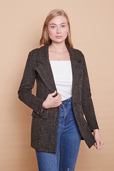 Jument Patterned Wool Winter Collar Pocket Flap 3 Button Long Sleeve Long Blazer Jacket-Khaki Diyogonel