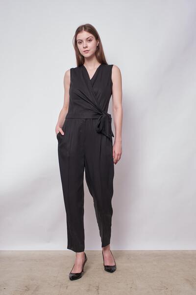 Jument Black Fluent Stylish Jumpsuit - 100% Iyocell, Double Breasted Lace Up, Pocket, Pleated Skinny Leg