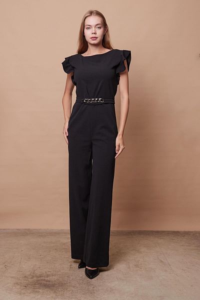 Jument Stylish Office Evening Dress Jumpsuit with Lycra Thick Crepe Fabric Sleeves and Frilly Accessories - black