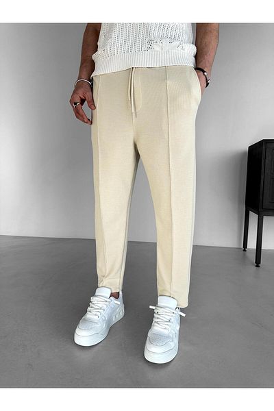ablukaonline Μπεζ ανδρικό πλεκτό παντελόνι - Boyfriend Fit, ελαστική μέση