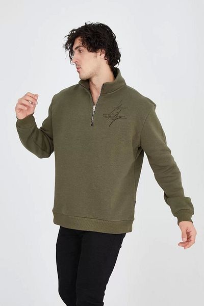 Tam12den Home Ανδρικό φούτερ Khaki Green - Μισό φερμουάρ και στάμπα