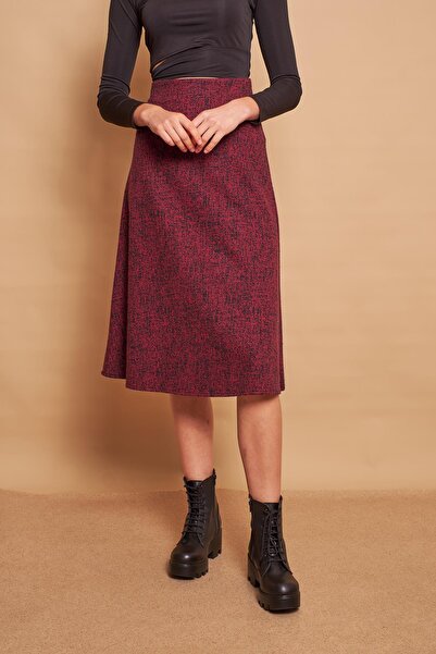 Jument Iarnă din lână jacquard țesătură lycra ușoară pentru femei, fustă lungă în formă de A cu talie înaltă - diagonală visiniu