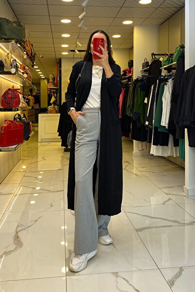 Vosse Tığ Triko Siyah Cep Detaylı Merserize Tam Boy Hırka