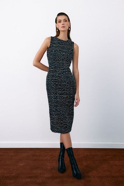 Sateen Rochie creion din tweed fără mâneci - NEGRU