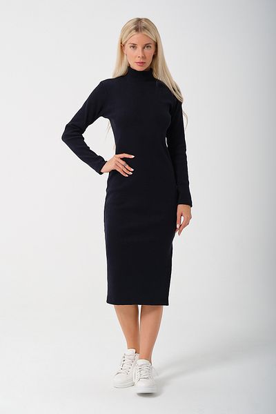 MSW Rochie tricotată midi groasă, cu fante, albastru bleumarin