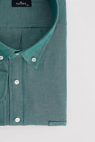 Tudors Ανδρικό πουκάμισο μεγάλου μεγέθους, κεντημένο Oxford Texture με πράσινο γιακά με κουμπιά