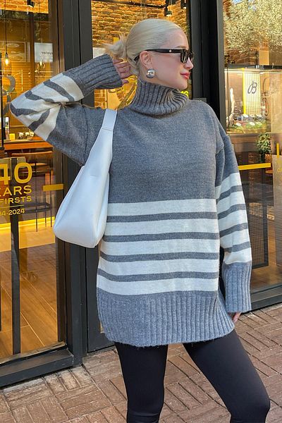 Madmext Gray Oversize Turtleneck Striped Sweater Mg2168