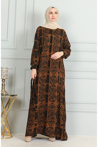 sefamerve Brown Viscose Dress - Patterned and Belted 0499-03