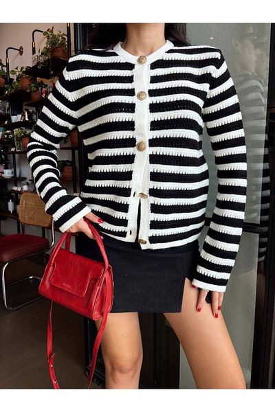 Nopen Knitwear Women's Ecru Black Striped Openwork Patterned Gold Buttoned Knitwear Cardigan