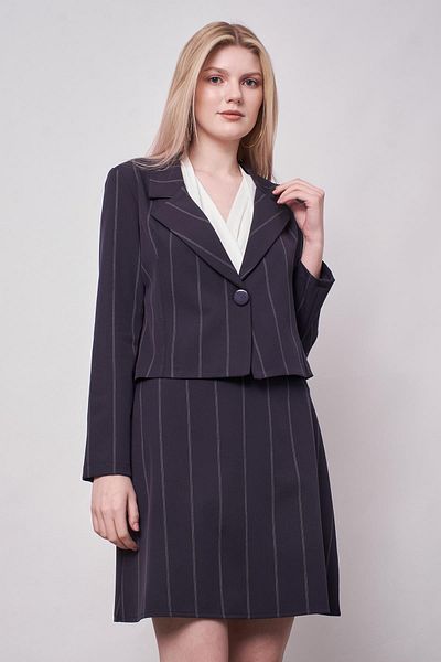 Jument Jachetă de damă, cu guler în dungi, cu mânecă lungă, din țesătură ușoară din lycra, blazer scurt - linie bleumarin