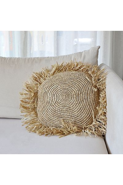Mylamp Tricotat în două sensuri 40x40 cm. Pernă din rafie naturală - (63 cm cu franjuri)
