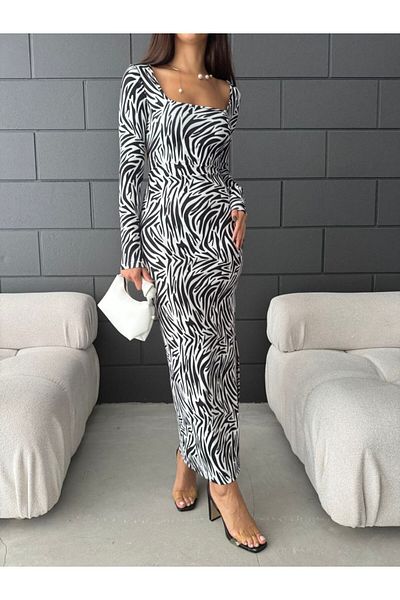 Fav Style Μαύρο Zebra Print - Γυναικείο μακρυμάνικο φόρεμα με τετράγωνη λαιμόκοψη και σκίσιμο