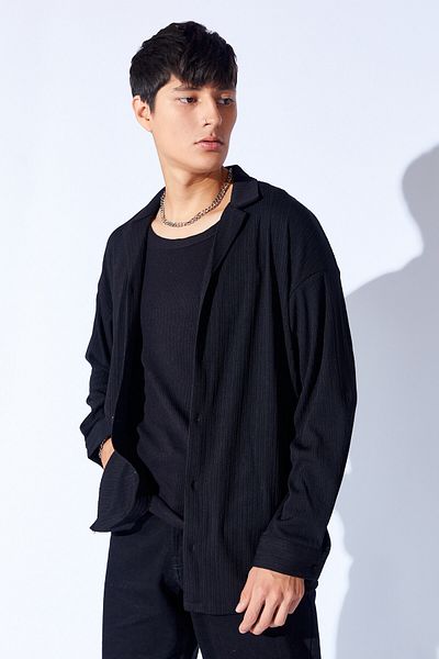 Manche Oversize Knitted Jacquard Thick Textured Apple Collar Long Sleeve Men's Shirt |   Black Mann 199990 -1