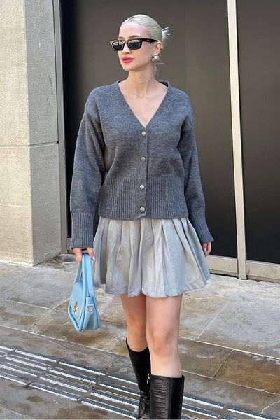 Madmext Anthracite Buttoned Ribbed Detailed Knitwear Cardigan Mg2199