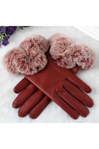Betülce Lüks Model Deri Kadın Eldiven Tüylü Tasarım İçi Polarlı Peluş Eldiven