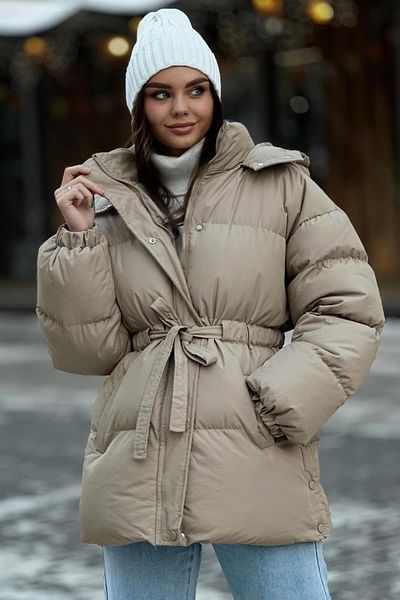 Madmext Beige Hooded Puffer Jacket with Belt Detail Mg2179