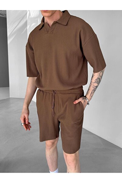ablukaonline Ανδρικό κανονικό φαρδύ ριμπ σορτς καφέ