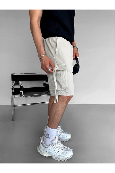 ablukaonline Men's Baggy Fit Cargo Pocket String Shorts Stone Color
